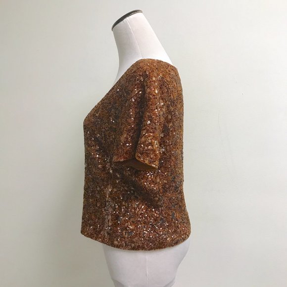 Vintage sequin beaded paisley print short sleeve top Italy crop silk M - Picture 4 of 9